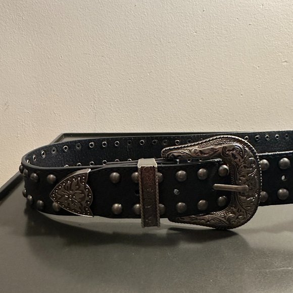 Double Buckle Waist Belt, Black with Pewter Buckles and Studded Rivets - Picture 5 of 6
